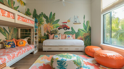 Charming and Colorful Kids' Room with Thematic Design: Unique Wall Art, Cozy Bedding, and Functional Play Areas for a Fun and Inviting Space