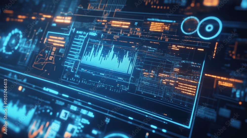Poster futuristic digital interface with data visualization and analytics