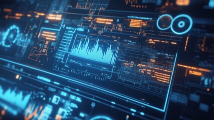 Futuristic digital interface with data visualization and analytics