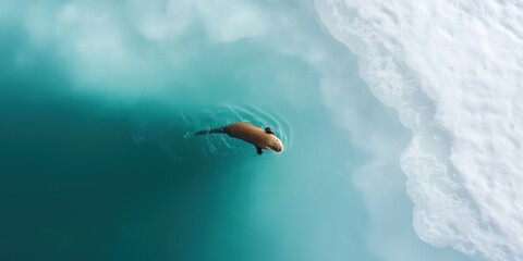 Fototapeta premium A European river otter swimming through icy waters during winter, captured from a birds-eye view
