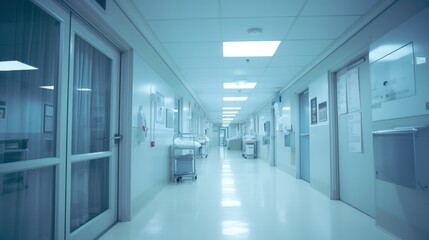 Fototapeta premium A bright and airy clinic hallway with white walls and doors,