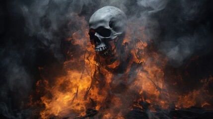 Obraz premium Abstract image capturing the fiery glow of burning charcoal with the ghostly outline of a human skeleton partially obscured by smoke,