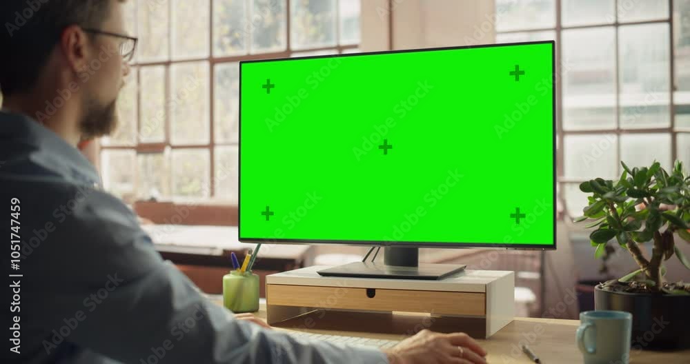Poster professional black female using green screen monitor for content creation. creative working on chrom