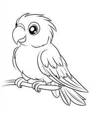  Coloring page for kids, a cute parrot sitting on a branch, in a cartoon style with thick lines and low details, no shading. 