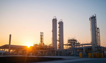 Fototapeta premium Industrial plant with tall towers at sunset.