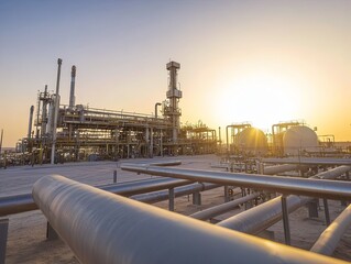 Large industrial facility with numerous pipes, tanks, and processing units at sunset.