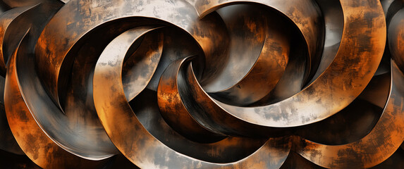 Intricate metal sculpture showcasing swirling patterns in shimmering bronze and silver tones displayed in an art gallery setting