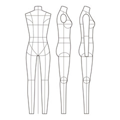 Three-view line art of a female fashion figure with proportional body guidelines, back and side views

