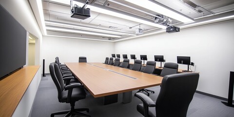 Modern conference room with a long wooden table, black chairs, and a projector screen.