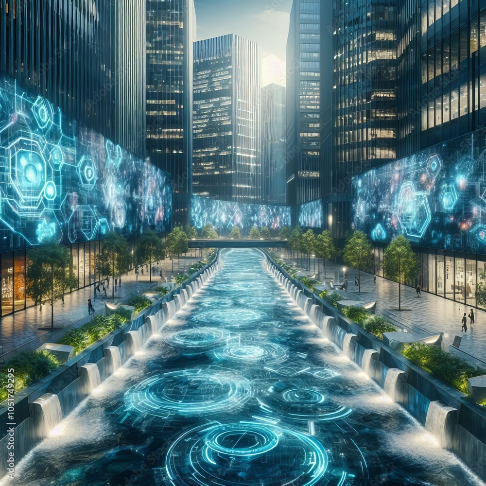 Poster tech district flow flowing through a modern tech district with d