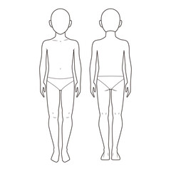 Front and back view technical flat of a child mannequin with red dashed construction lines, illustrated in a minimalist outline style.
