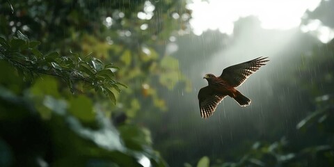 Obraz premium A sparrowhawk perched on a rock near a flowing stream, surrounded by lush green vegetation in the height of summer