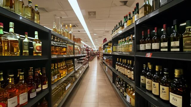 Modern elite alco liquor store of expensive fine wines close up. Interior of an alcohol salon for rich people. Camera move Bar, many bottles of red wine, cognac, whiskey, on the shop shelves closeup.