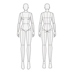 Front and back view of female mannequin with segmented body parts, ideal for technical garment design and body proportion reference.
