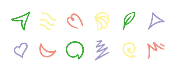 Fototapeta premium Line movement element set, emotion graphic effects, decoration icons. Color doodle line elements, arrow, emphasis, heart, wind, zigzag, sparkle. Hand drawn Anime emotion, express shape.