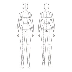 Female mannequin template with dotted lines indicating body proportions and segments, suitable for technical fashion design.
