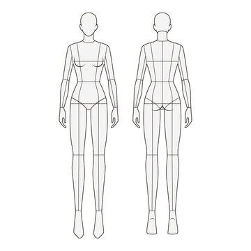 Front and back view of female mannequin with segmented body parts, ideal for technical garment design and body proportion reference.
