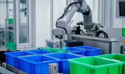 Robotic arm in a factory setting, picking up an object from a bin and placing it in another.