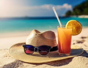 Relaxing Day at the Beach With Sunglasses, a Hat, and Refreshing Tropical Drink