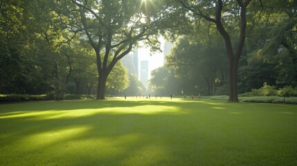 Obraz premium Warm sunlight is shining through trees in central park, new york city, creating a peaceful and inviting atmosphere for people enjoying the green lawn with copy space