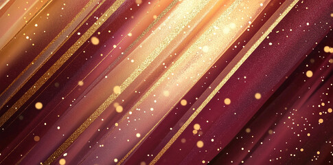 Abstract burgundy and gold background with diagonal stripes of glitter, golden lines, golden sparkles, space for text