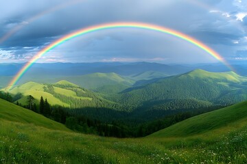 Obraz premium Scenic landscape featuring a vibrant rainbow over hills.
