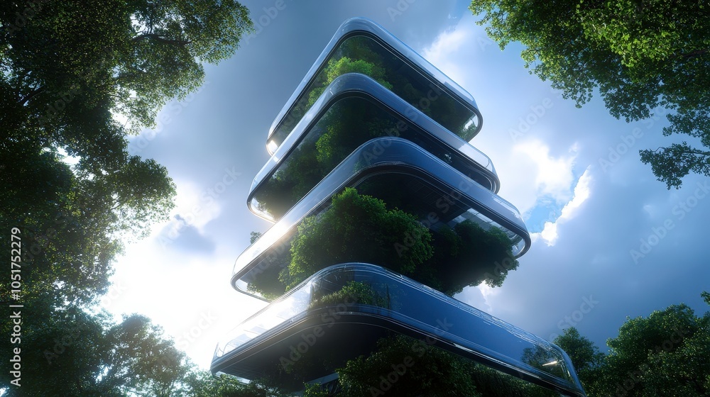 Poster high fidelity digitally rendered cad architecture with nature integration