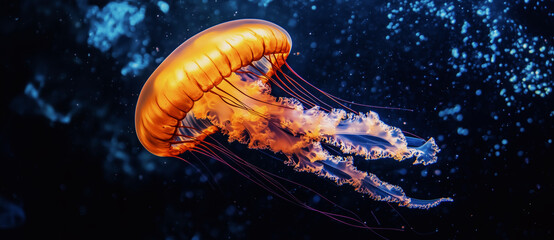A vibrant orange jellyfish floats gracefully in deep blue water, showcasing its long tentacles and bioluminescent features