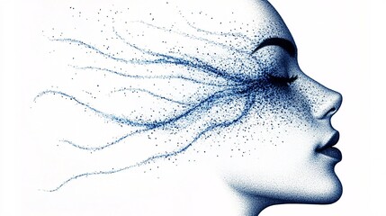 A digital artwork depicting the profile of a woman's head with closed eyes, formed by blue dots. The background is white, and the image has a digital art style. In the style of digital art.