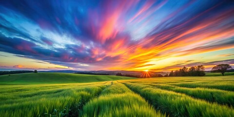Obraz premium Long Exposure Field at Sunset with Glowing Sky and Flowing Grass, Capturing Nature's Beauty in Motion, Tranquil Landscape of Vibrant Colors and Soft Textures, Dreamy Atmosphere