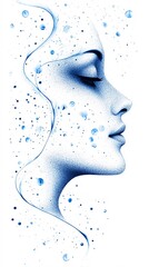 A digital artwork depicting the profile of a woman's head with closed eyes, formed by blue dots. The background is white, and the image has a digital art style. In the style of digital art.