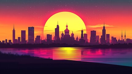 Obraz premium Flat illustration of Moscow's St. Basil's Cathedral silhouette, with a dramatic sunset background blending vibrant blues, purples, and reds, creating a lively and captivating atmosphere in Red Square.