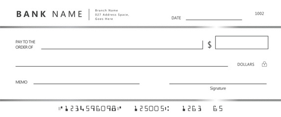 Blank bank check, checkbook cheque template with blue guilloche, vector mockup. Money payment bank check voucher or pay cash cheque certificate, account bill paycheck	