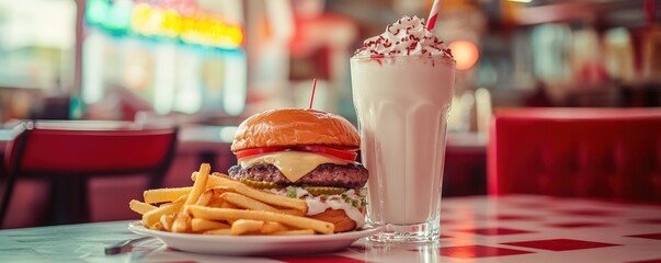 Delicious burger with fries and a milkshake on a retro diner table.