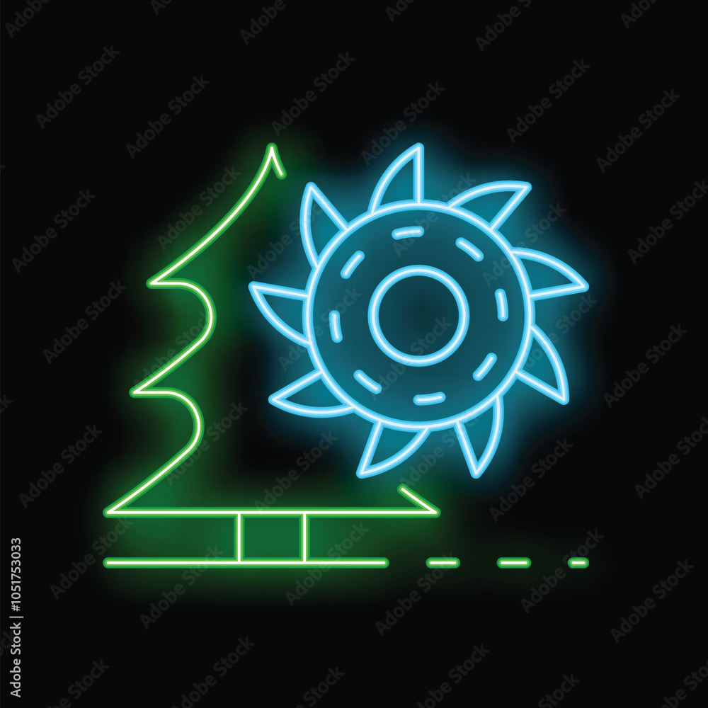 Poster glowing neon line icon of a tree and saw representing deforestation and the logging industry