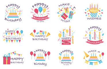 Happy birthday text badges collection with gift, balloon, cakes