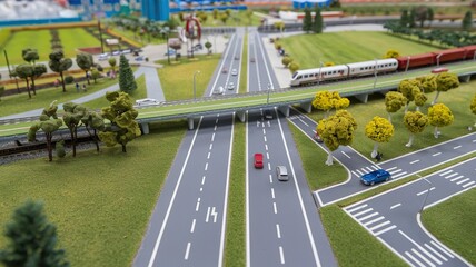 traffic in the city view of highway aerial view road landscape city traffic green highway grass nature trees park car miniature people train travel street cars toy field model 16:9	
