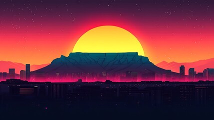 Obraz premium Flat illustration of Table Mountain silhouette at sunset, with a colorful gradient sky blending warm shades of orange, pink, and purple,