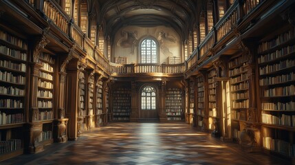 Fototapeta premium A quiet library filled with dusty books, featuring shelves lined with volumes on ancient civilizations and their achievements.
