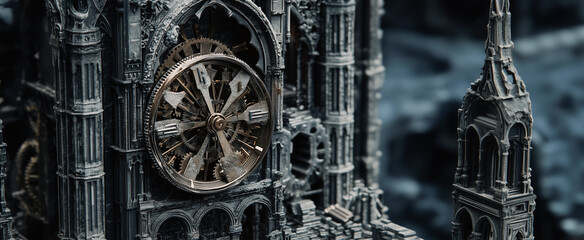 Naklejka premium Intricate steampunk clock tower with detailed gears and architecture set against a dark background