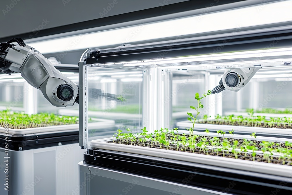 Poster two robotic arms tending to a row of plants in a laboratory setting.