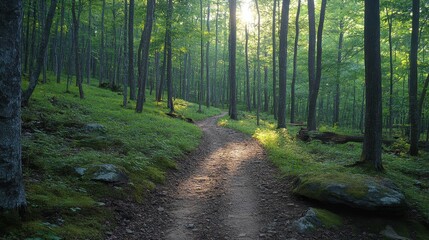 A scenic trail winding through a lush forest, with dappled sunlight filtering through the trees.