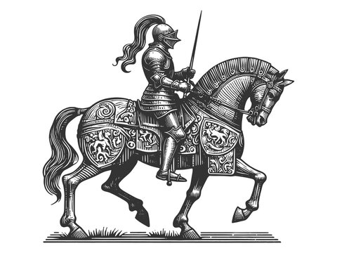 recommend clip art: medieval knight in armor riding a decorated horse, holding a lance, in a traditional style sketch engraving generative ai raster illustration. Scratch board imitation. Black and white image.