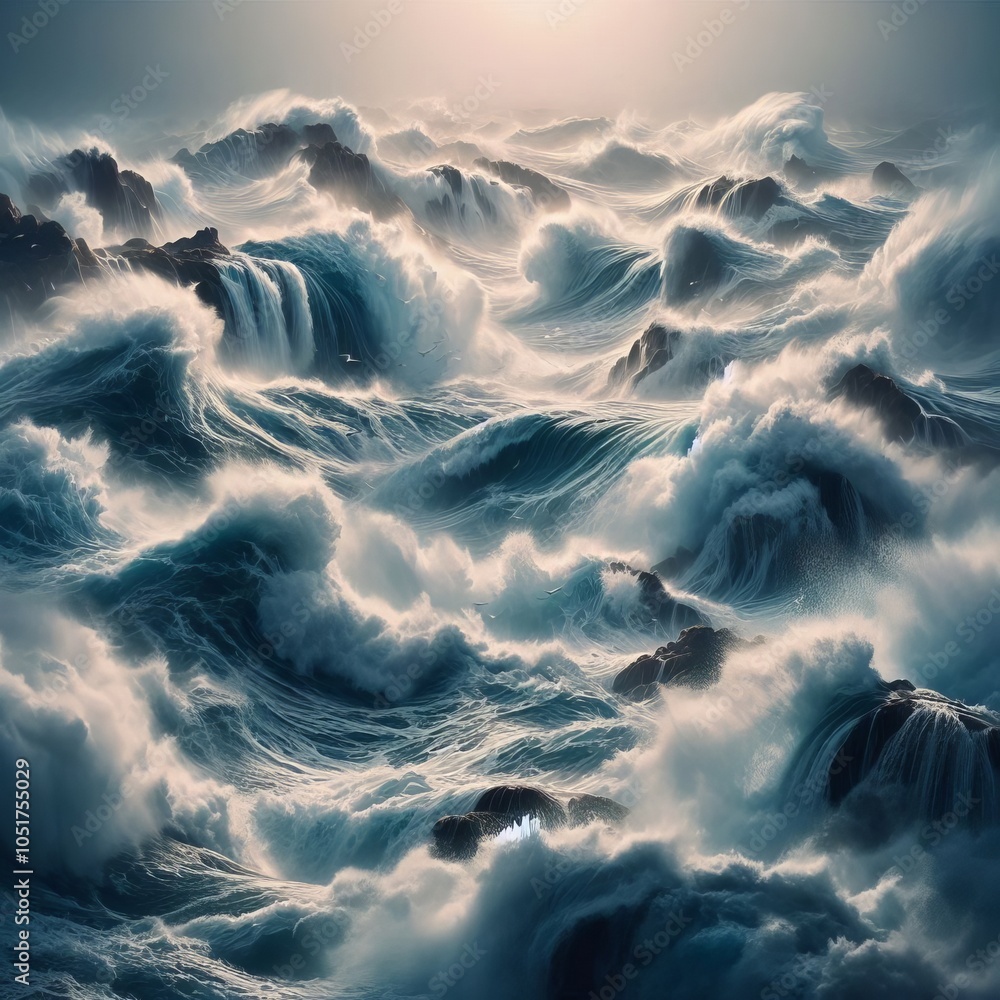 Poster turbulent waters waves collide with each other creating a chaoti