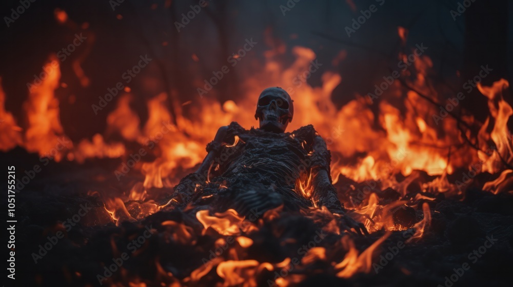 Poster abstract image capturing the fiery glow of burning charcoal with the ghostly outline of a human skel