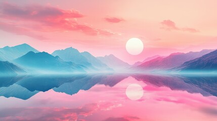 Fototapeta premium A serene landscape created with holographic elements, where mountains and skies shimmer with shifting colors.