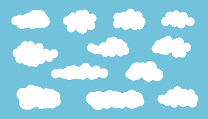 Vector illustration of white flat clouds on blue sky. Cloudy sky background. Set of clouds.