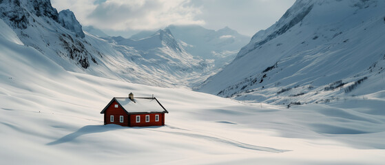 A solitary red cabin rests peacefully in a vast snowy valley surrounded by majestic mountains on a crisp winter day