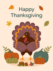Thanksgiving card. Turkey bird with pumpkins. Thanksgiving poster.	

