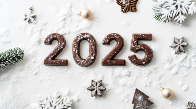 Chocolate 2025 numbers with festive decorations on snowy background. Winter Holidays Concept , New Year